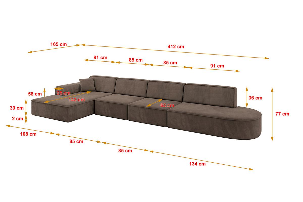 ECKSOFA Ottomane Links IREA-L3-v3 - 412x165x77 cm Braun - Braun, Holzwerkstoff/Textil (412/165cm) - ALTDECOR