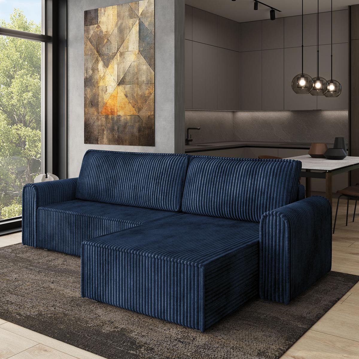 ECKSOFA VALTINO Blau Kordstoff mit Schlaffunktion - Blau, Holz (275/148cm) - MASSENO