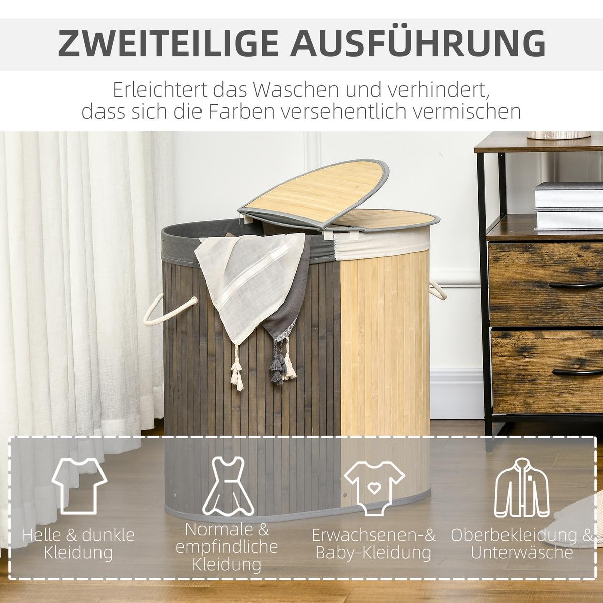 WÄSCHEKORB Bambus Grau Natur - Hellbraun, Naturmaterialien (37/60.5/62.5cm) - HOMCOM