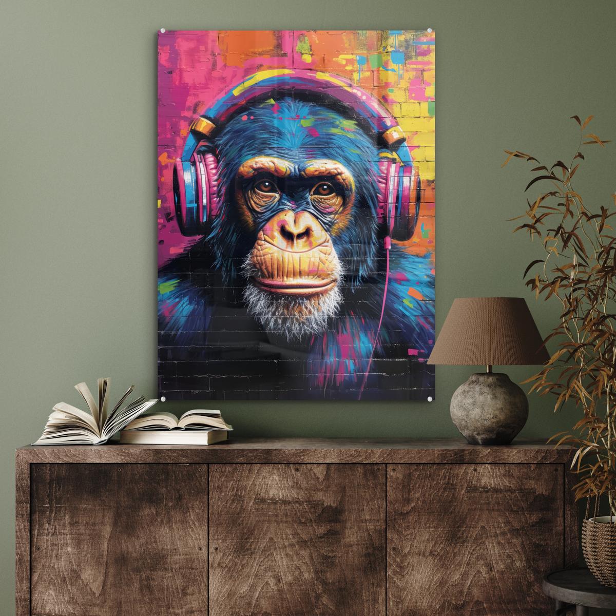 ACRYLGLASBILD Graffiti - Schimpanse - Straßenkunst - Kopfhörer - Affe 60x80 cm - Blau, Glas (60/80cm) - MuchoWow