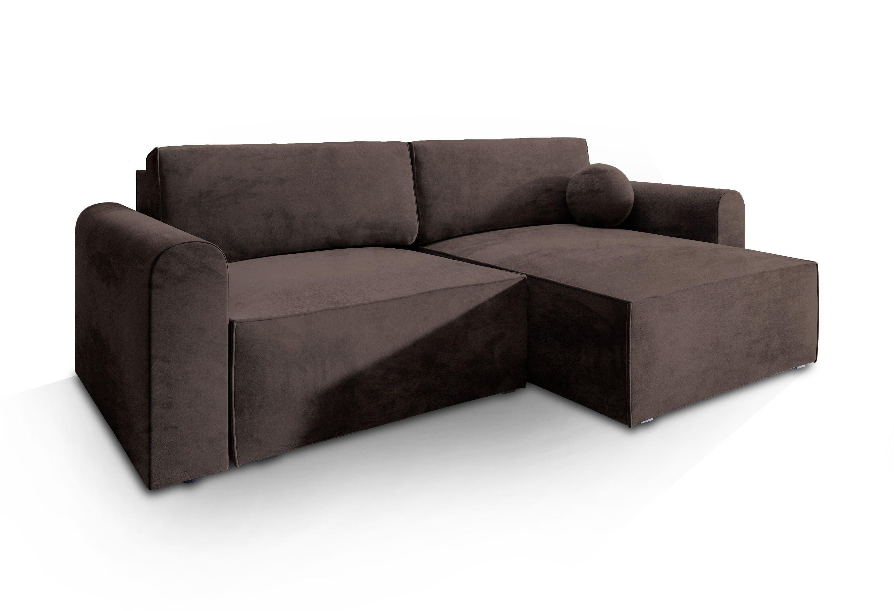 ECKSOFA FIANO M Braun Velours-Stoff mit Schlaffunktion - Braun/Grau, Holz/Kunststoff (245/148cm) - MASSENO