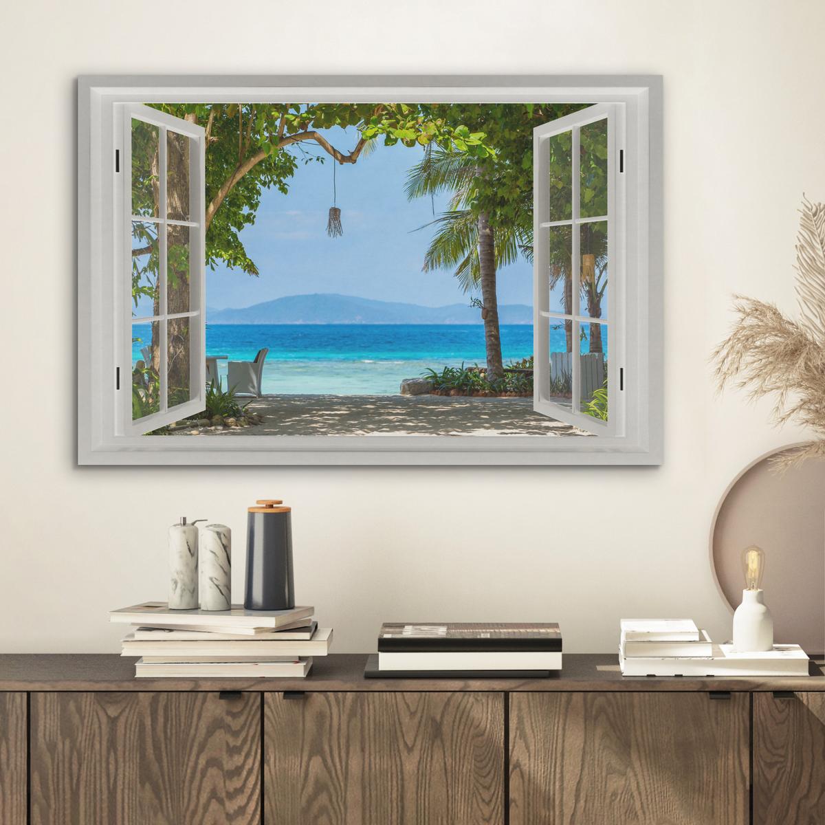 AKUSTIKBILD Aussicht - Baum - Meer - Palme - Hügel - Strand - Blau Wanddeko 70x50 cm - Blau, Kunststoff (70/50/0.9cm) - MuchoWow