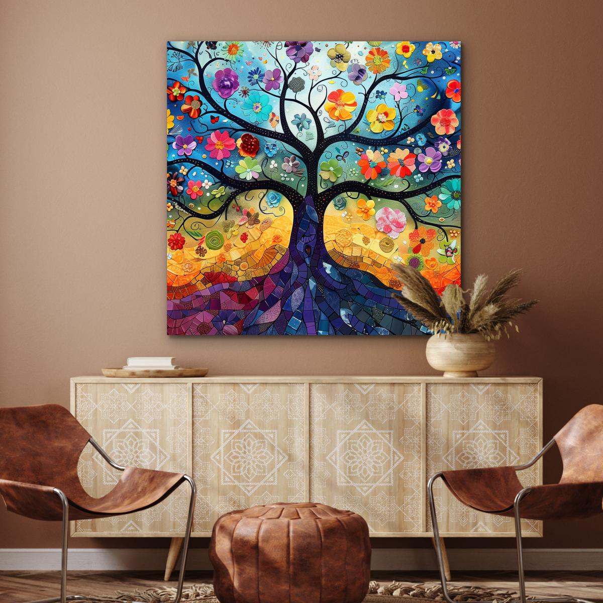 METALLBILD Kunst - Baum des Lebens - Blumen - Hippie 90x90 cm - Dunkelblau, Metall (90/90cm) - MuchoWow