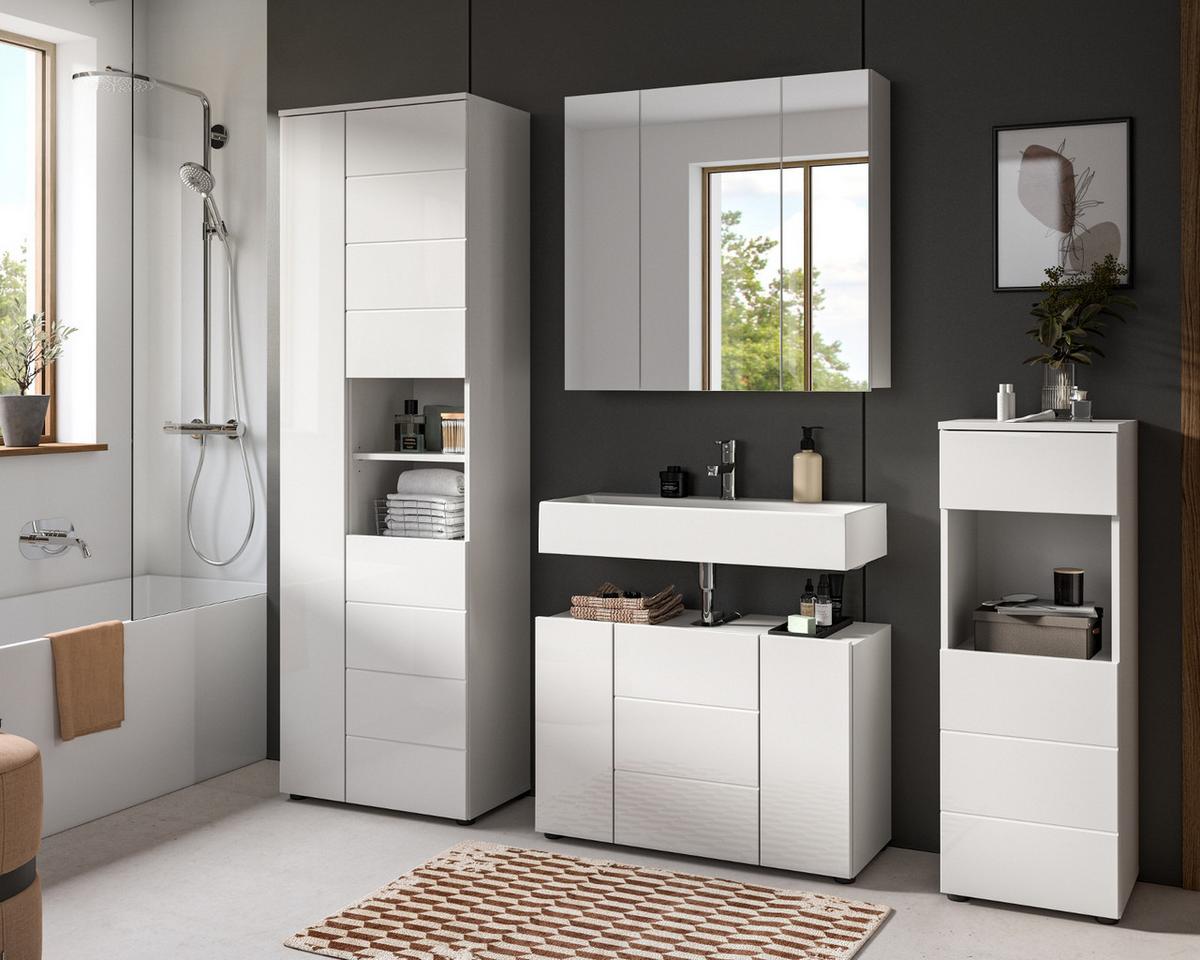 BADZIMMER-SET 4-teilig weiß Hochglanz 210 x 190 cm, Badmöbel mit viel Stauraum - Weiß Hochglanz/Schwarz, Holzwerkstoff/Kunststoff (210/190/34cm) - Inn.Furn