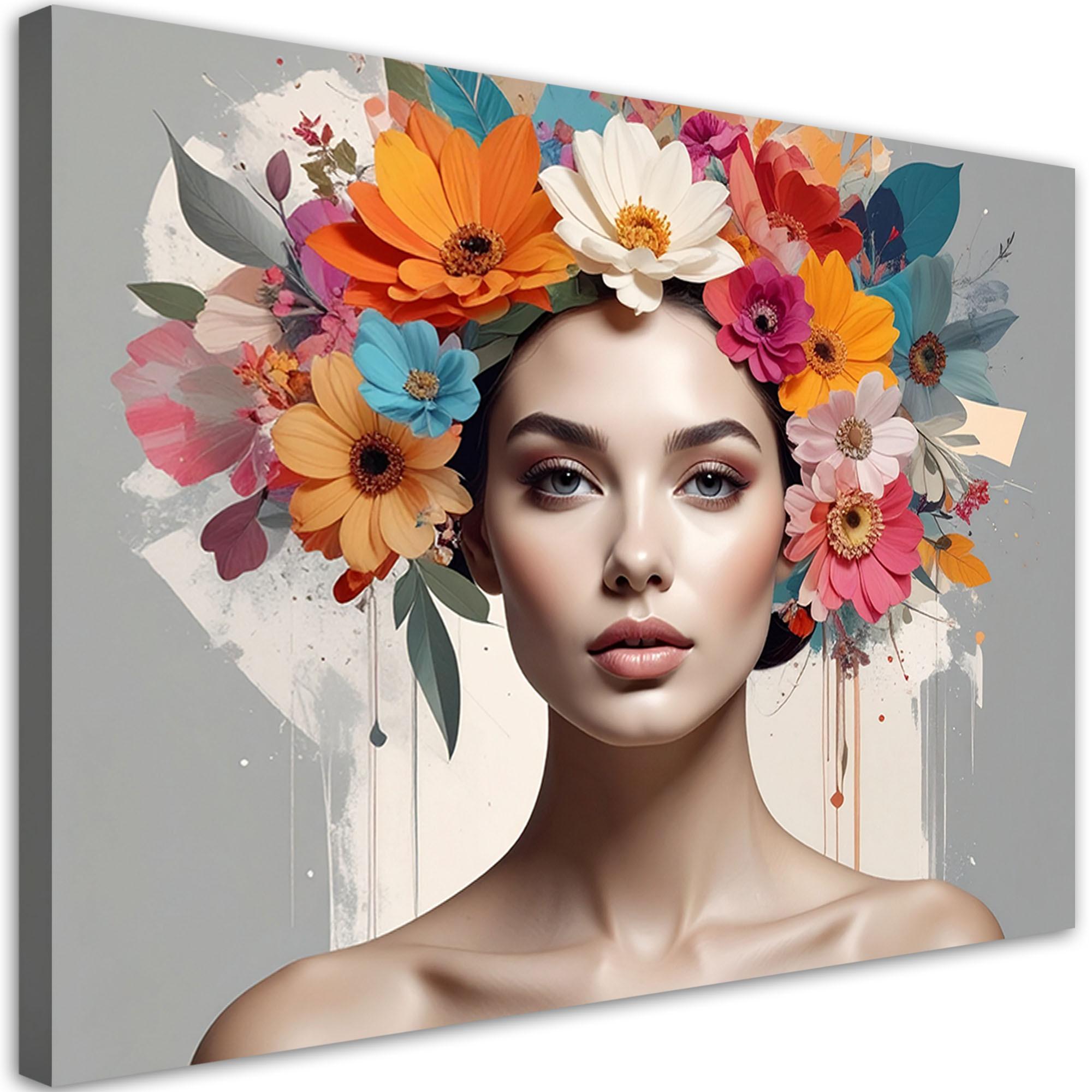 WANDBILD, Frau mit bunten Blumen auf dem Kopf - Multicolor, Textil (30/20cm) - Feeby