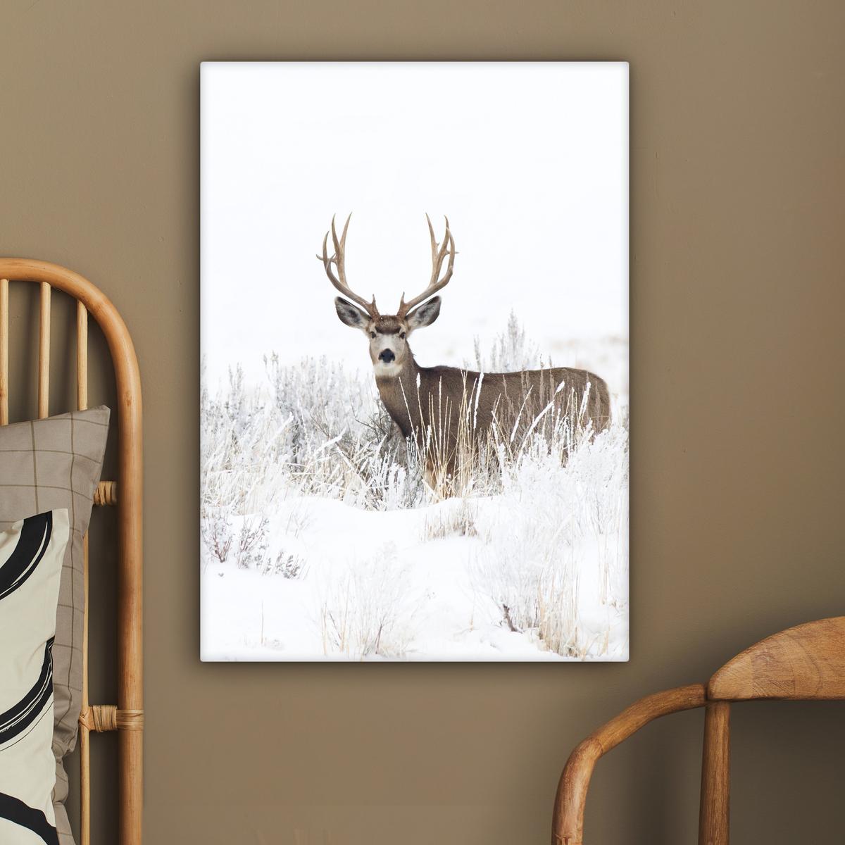 LEINWANDBILD Hirsche - Winter - Schnee - Tiere - Jahreszeiten - Weiß Wandbild Wohnzimmer 60x80 cm - Hellbraun, Textil (60/80cm) - MuchoWow