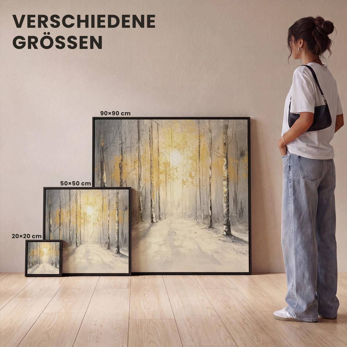 LEINWAND Bilder mit Rahmen - Winter - Abstrakt - Schnee - Natur - Sonne - 90x90 - Grau, Textil (90/90cm) - MuchoWow