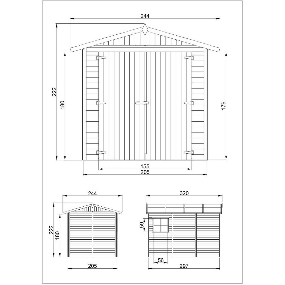 HOLZGARAGE - Abstellraum mit Fenstern- H222x244x320 cm/ 6 m² - M105 - Naturfarben, Holz (205/180/297cm) - Timbela