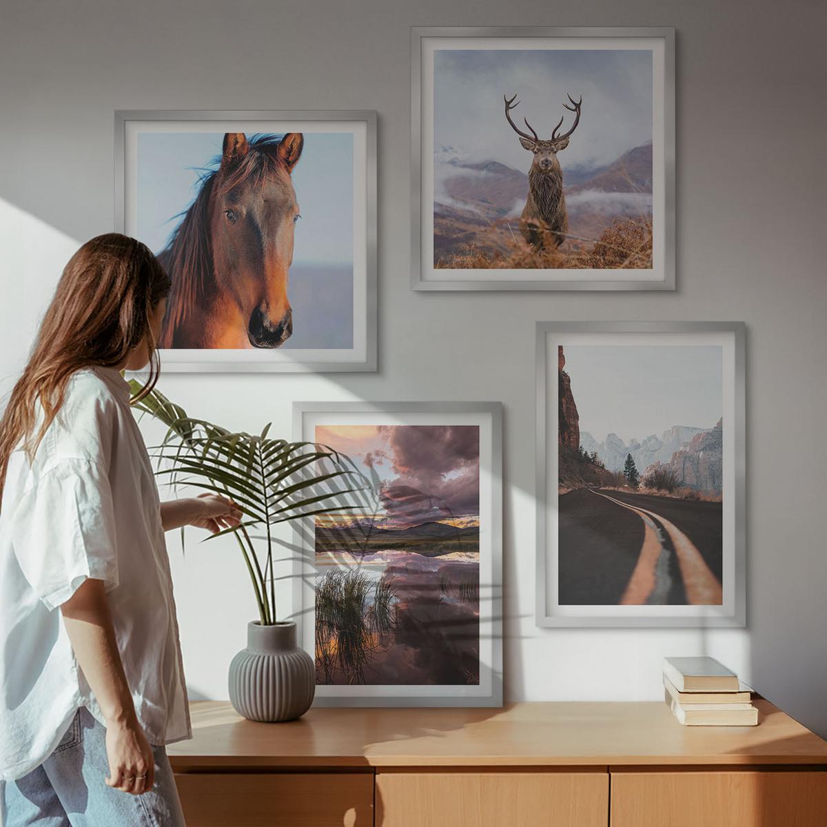 BILDER SET 4er Set - 50x50 cm & 40x60 cm Silberner Rahmen - Berglandschaften, Rentiere, Pferdestraße - Silberfarben, Kunststoff (50/50cm) - TULUP