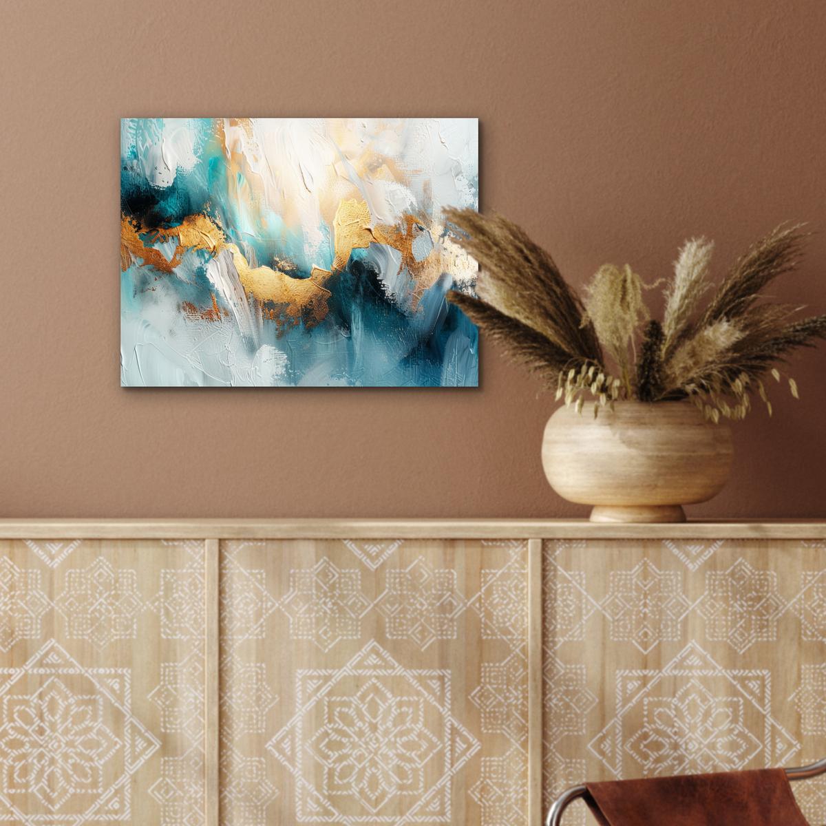 METALLBILD Abstrakt - Kunst - Gold - Blau 40x30 cm - Petrol, Metall (40/30cm) - MuchoWow