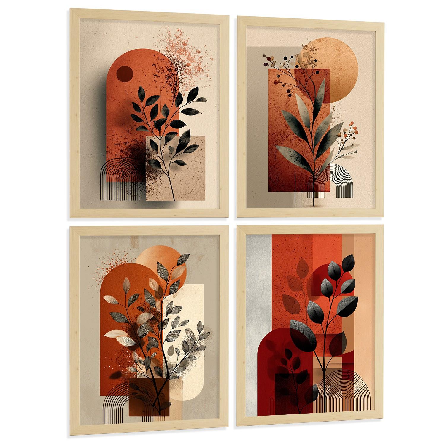 POSTER 4er Kunstdruck-Set Wandbilder Blumen Abstrakt Rot Orange modern Wohnzimmer Deko, Schlafzimmer, Küche, Badezimmer Rahmenlos A3 - Beige, Papier (29.7/1/42cm) - Nacnic