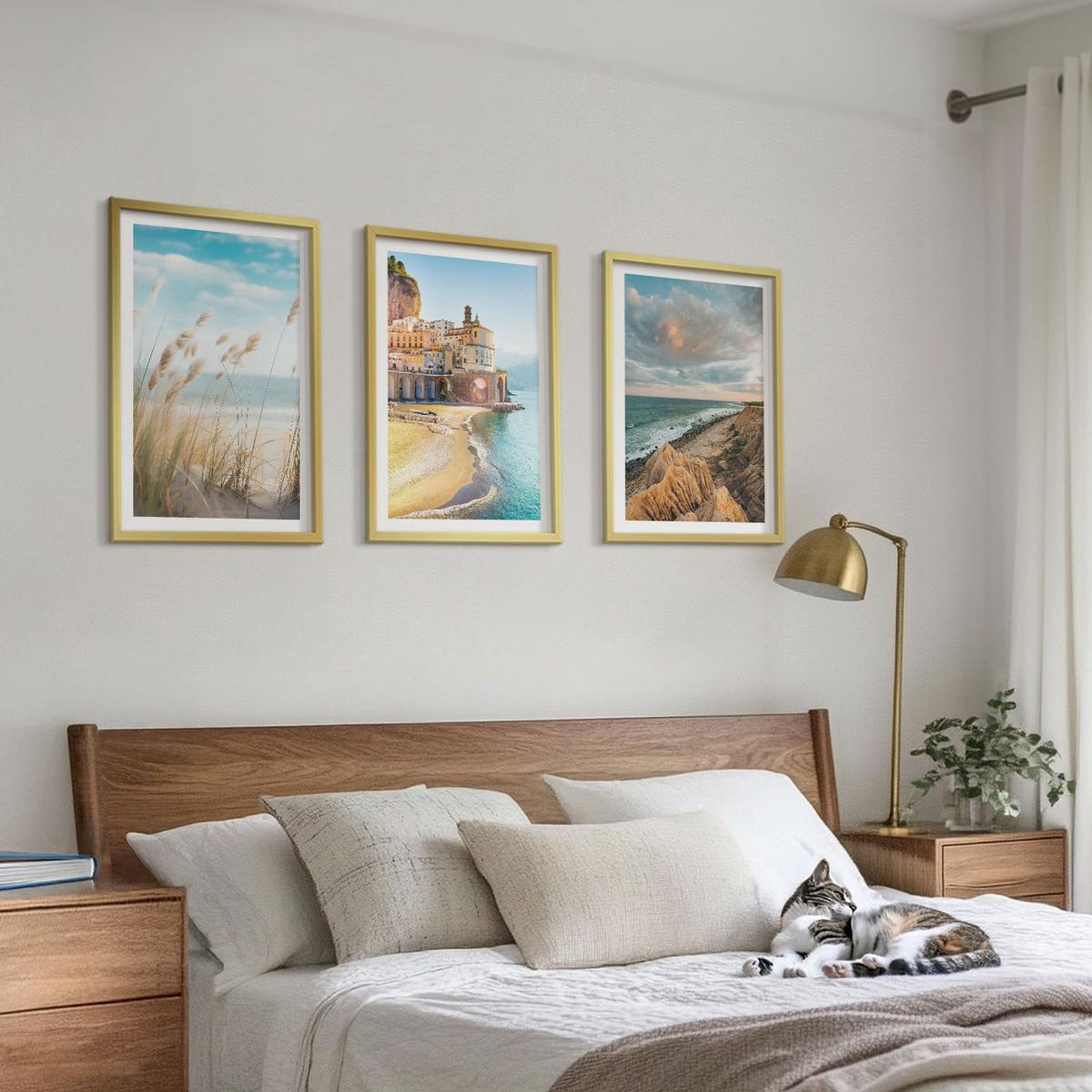 BILDER SET 3er Set - 40x60 cm Goldrahmen - Landschaften Strand Klippen Stadt - Goldfarben, Kunststoff (40/60cm) - TULUP