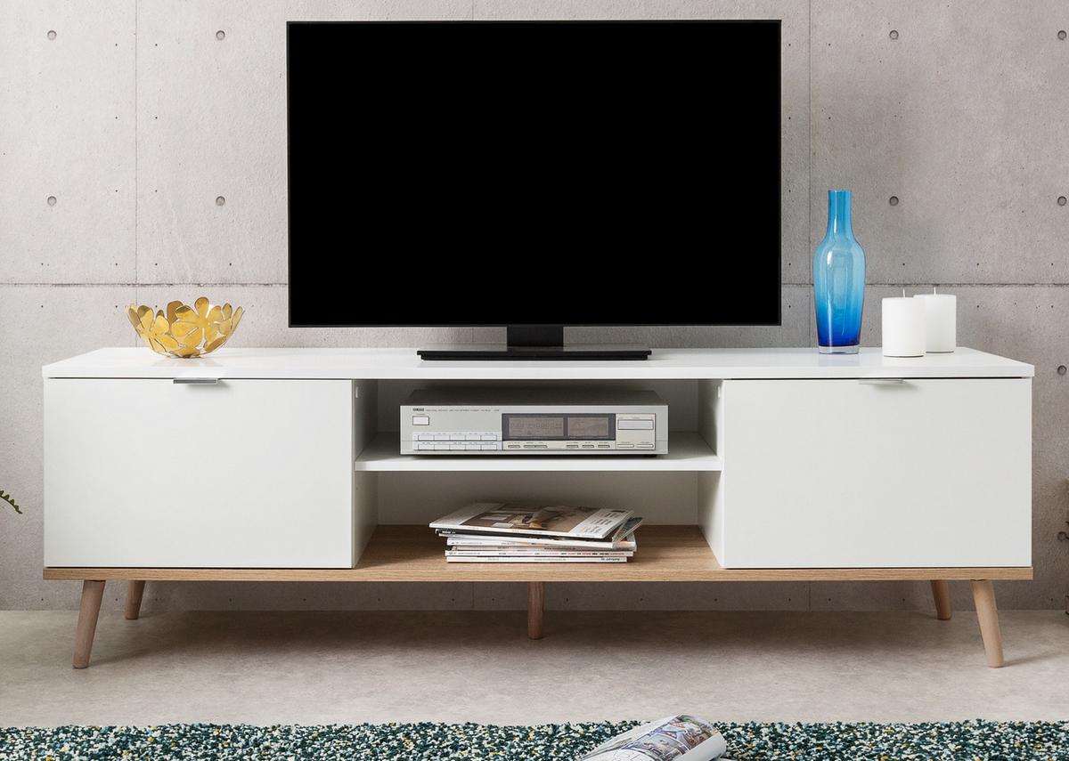 TV-LOWBOARD weiß matt, Eiche 160 cm 2-türig, skandinavisch - Chromfarben/Eichefarben, Holz/Holzwerkstoff (160/51/40cm) - Furn.Design