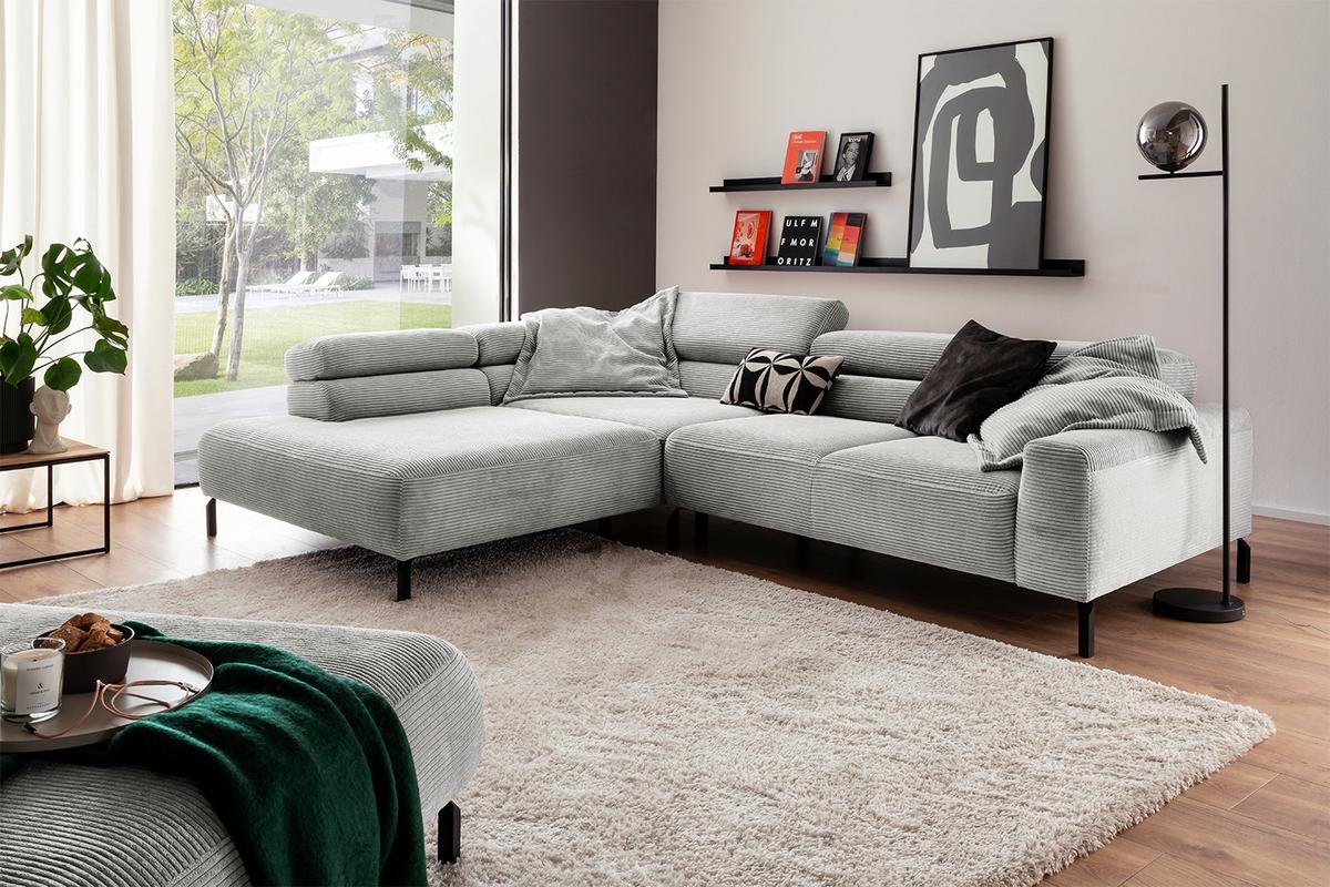 ECKSOFA MIT MOTORISCHEM SITZVORZUG DELIA Hellgrau Cord Relaxfunktion - Hellgrau/Schwarz, Textil/Metall (312/219cm) - KAWOLA