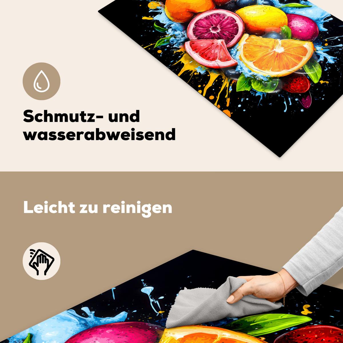 HERDABDECKPLATTE Obst - Graffiti - Bunt - Orange - Erdbeere - Abstrakt Ceranfeldabdeckung 85x52 cm - Orange, Kunststoff (85/52/0.2cm) - MuchoWow