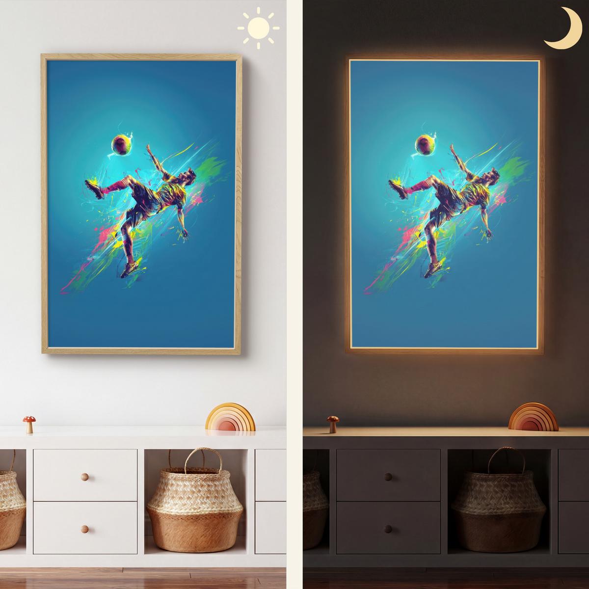 WANDLEUCHTE MIT AKKU Fußballer - Farbspritzer - Farbenfroh - Ball 60x90 cm - Blau, Holzwerkstoff (60/90/8cm) - OnlyWow