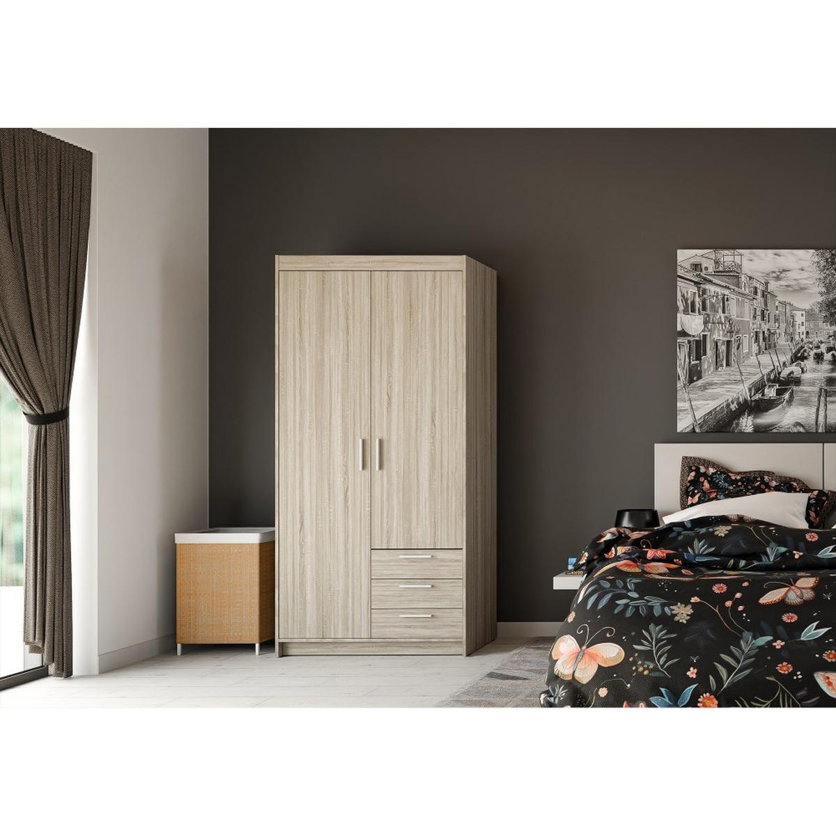 DREHTÜRENSCHRANK Elena mit 2 Türen und 3 Schubladen, mit Spiegel Sonoma Eiche - Sonoma Eiche, Holzwerkstoff (90/190/53cm) - Beautysofa