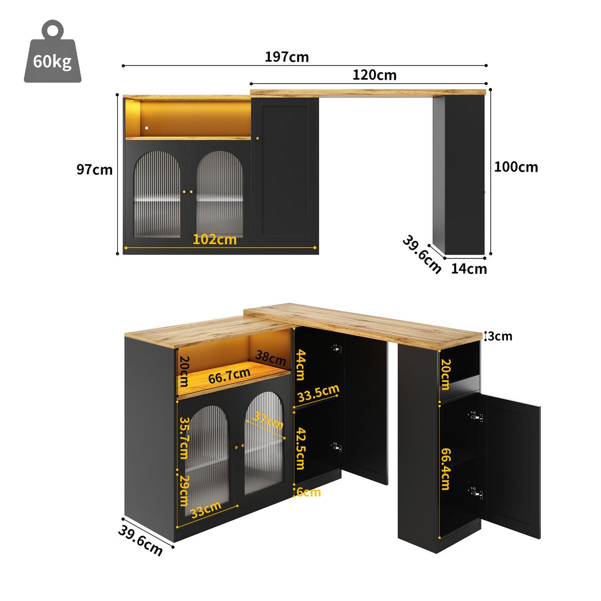 BARTISCH 360° Drehbar Schwarz & Holzoptik Barset mit LED, Glasschrank & Stauraum - Schwarz, Holzwerkstoff (39.6/197/100cm) - Urban Meuble