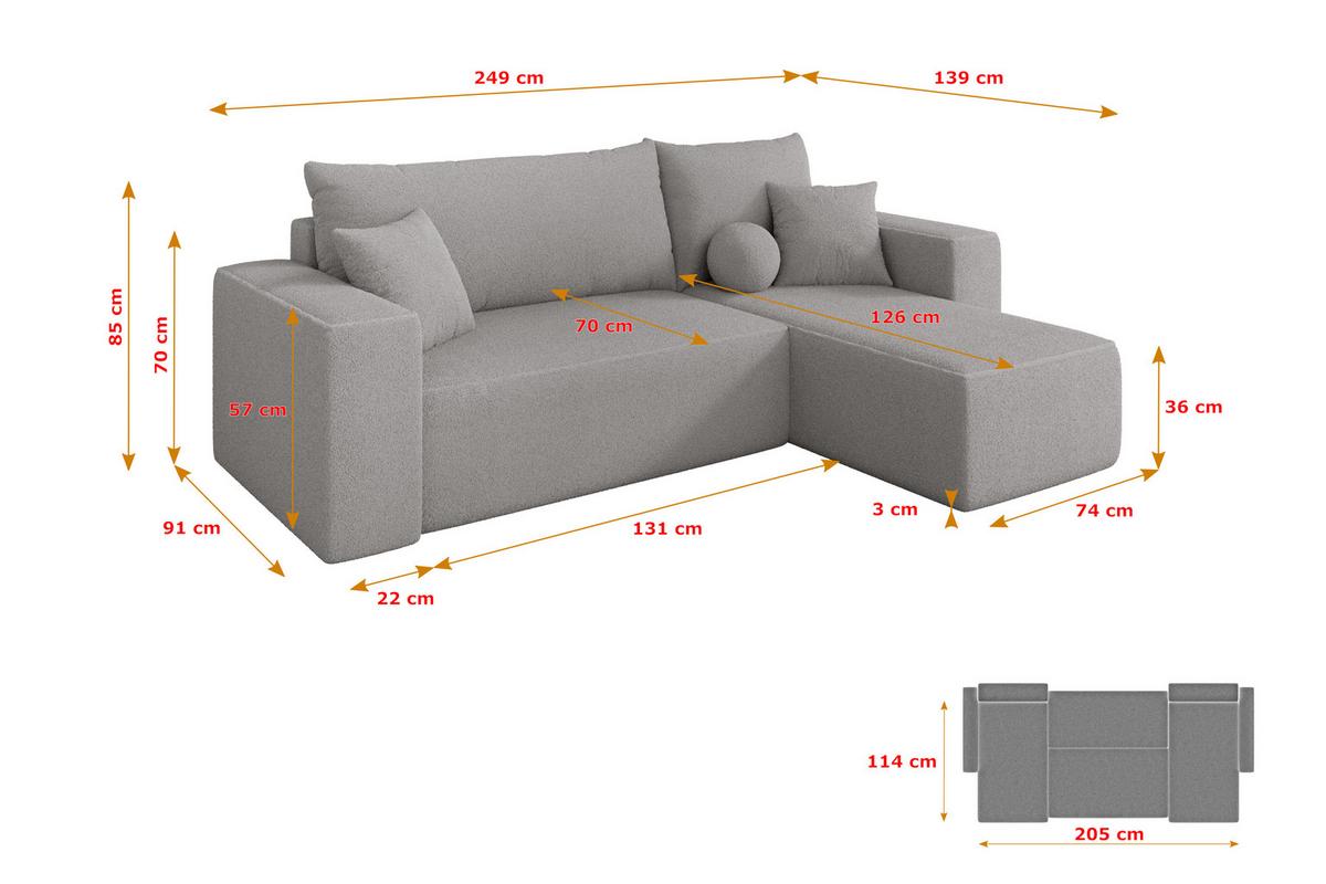 ECKSOFA mit Schlaffunktion Ottomane Rechts SENO-L 249x139x85 Hellgrau Bouclé - Silberfarben/Hellgrau, Holzwerkstoff/Kunststoff (249/139cm) - ALTDECOR