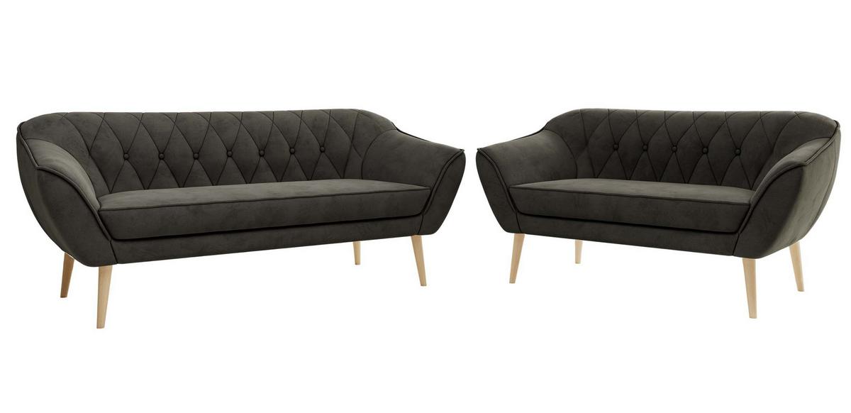 SITZGARNITUR PIRS 3+2 - Dunkelgrau Velvet - Holzbeine - Dunkelgrau/Buchefarben, Holzwerkstoff/Textil (180/75/74cm) - MKS