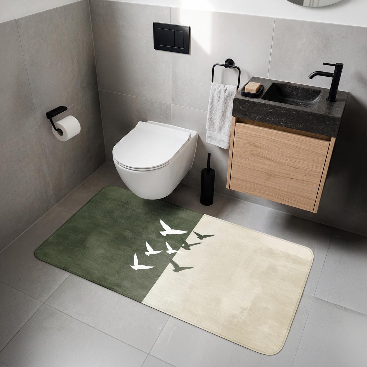 WC-VORLEGER Japandi - Vogel - Grün WC Teppich 120x60 cm - Olivgrün, Textil (120/1cm) - OnlyWow