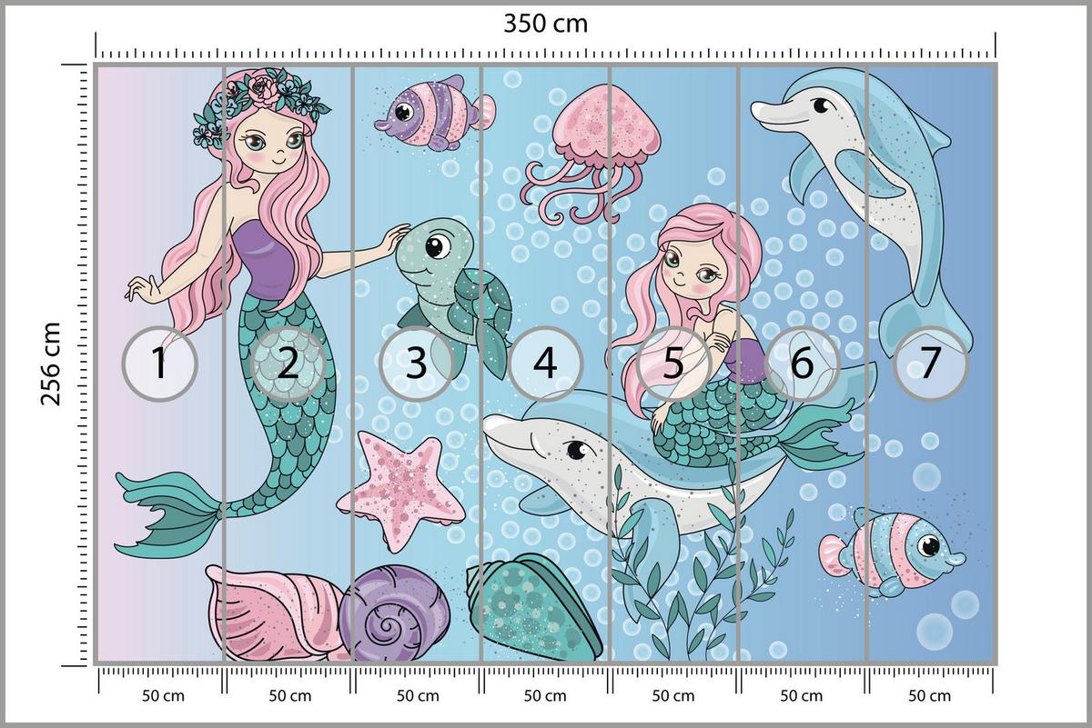 FOTOTAPETE für Kinderzimmer Meerjungfrauen Delfine Fische Muscheln Qualle Schildkröte 350x256 - Multicolor, Papier (350/256cm) - Muralo