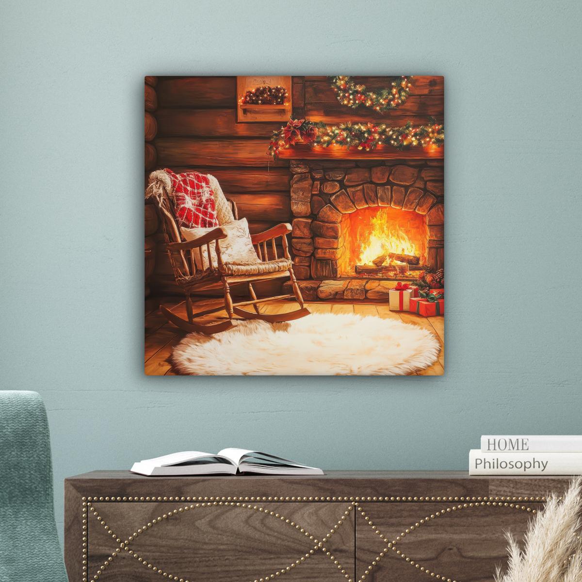 LEINWANDBILD Winter - Weihnachten - Zuhause - Kamin Wandbild Wohnzimmer 50x50 cm - Bernsteinfarben, Textil (50/50cm) - MuchoWow