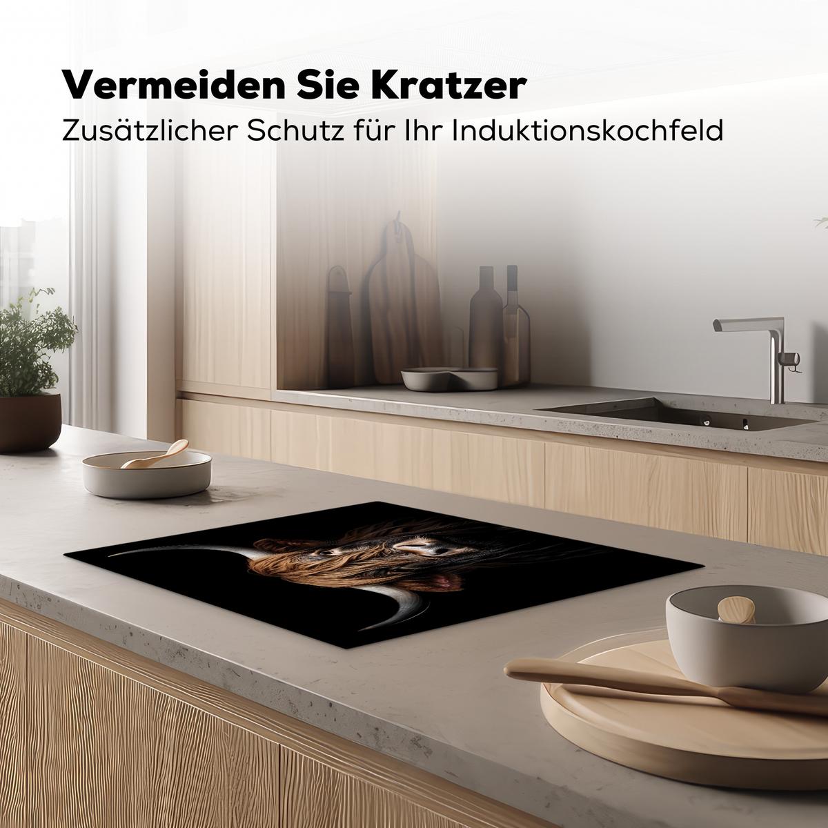 HERDABDECKPLATTE Schottischer Highlander - Porträt - Schwarz - Tier Herdabdeckung Induktionsfeld 65x52 cm - Braun, Kunststoff (65/52/0.2cm) - MuchoWow