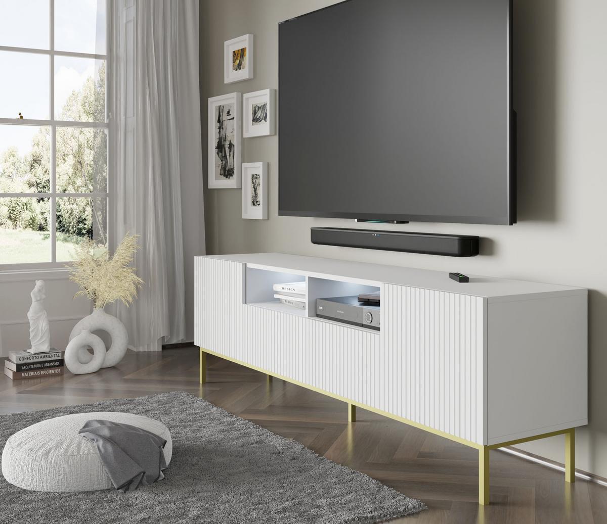 TV LOWBOARD Weiß, Weiß, Gold 200/58/42 - Weiß, Holzwerkstoff (200/58/42cm) - RAUMHIRSCH FURNITURE