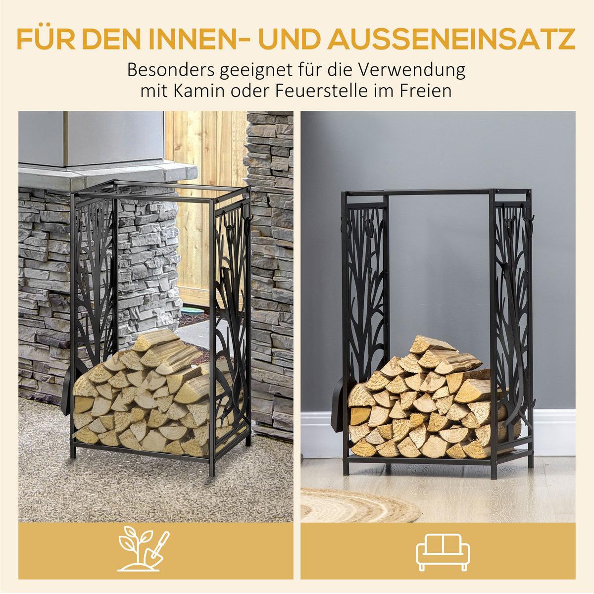 KAMINHOLZREGAL mit Kaminbesteck Erhöhtes Brennholzregal Feuerholzablage Stahl - Schwarz, Metall (30/70/46cm) - HOMCOM