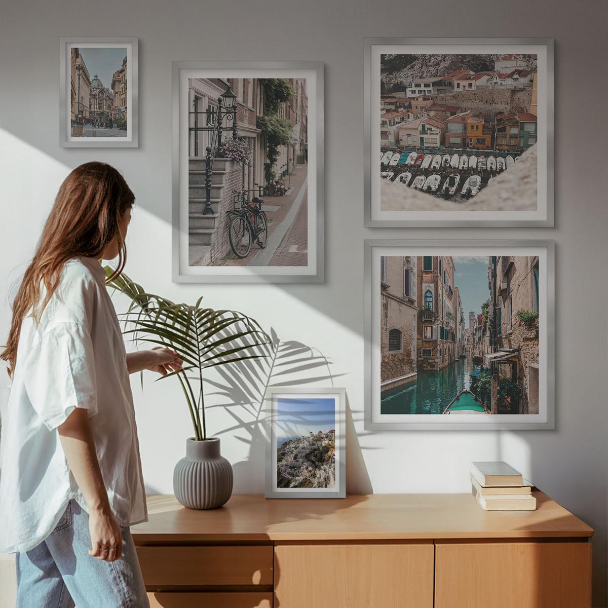 BILDER SET 5er Set - 50x50 cm & 20x30 cm & 40x60 cm Silberner Rahmen - Blattmuster Marmor abstrakt - Silberfarben, Kunststoff (40/60cm) - TULUP