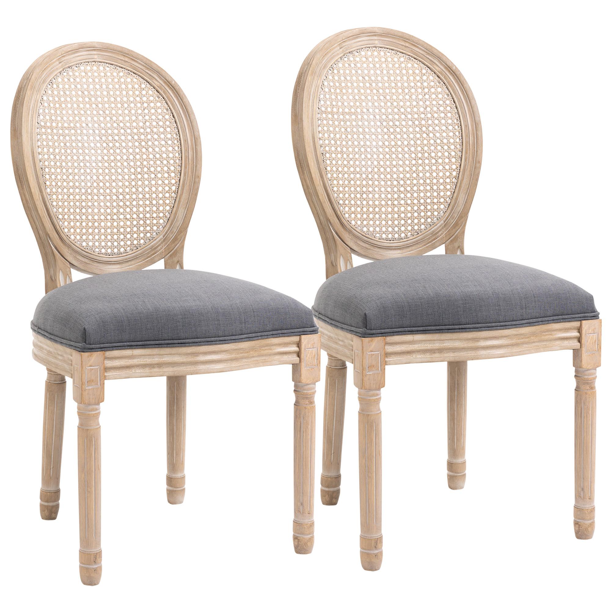 ESSZIMMERSTÜHLE 2er Set Küchenstuhl mit Rattan-Rückenlehne, Leinenoptik Grau - Naturfarben/Grau, Holz/Textil (56/96/49cm) - HOMCOM