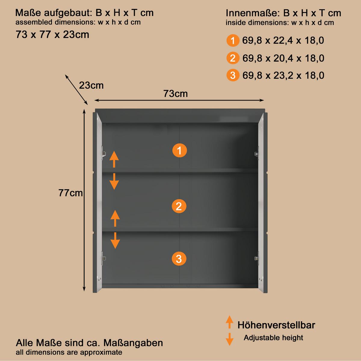 HÄNGESCHRANK grau Hochglanz 73 x 77 cm, Badschrank 2-türig hängend - Grau, Holzwerkstoff/Kunststoff (73/77/23cm) - Top.Furn