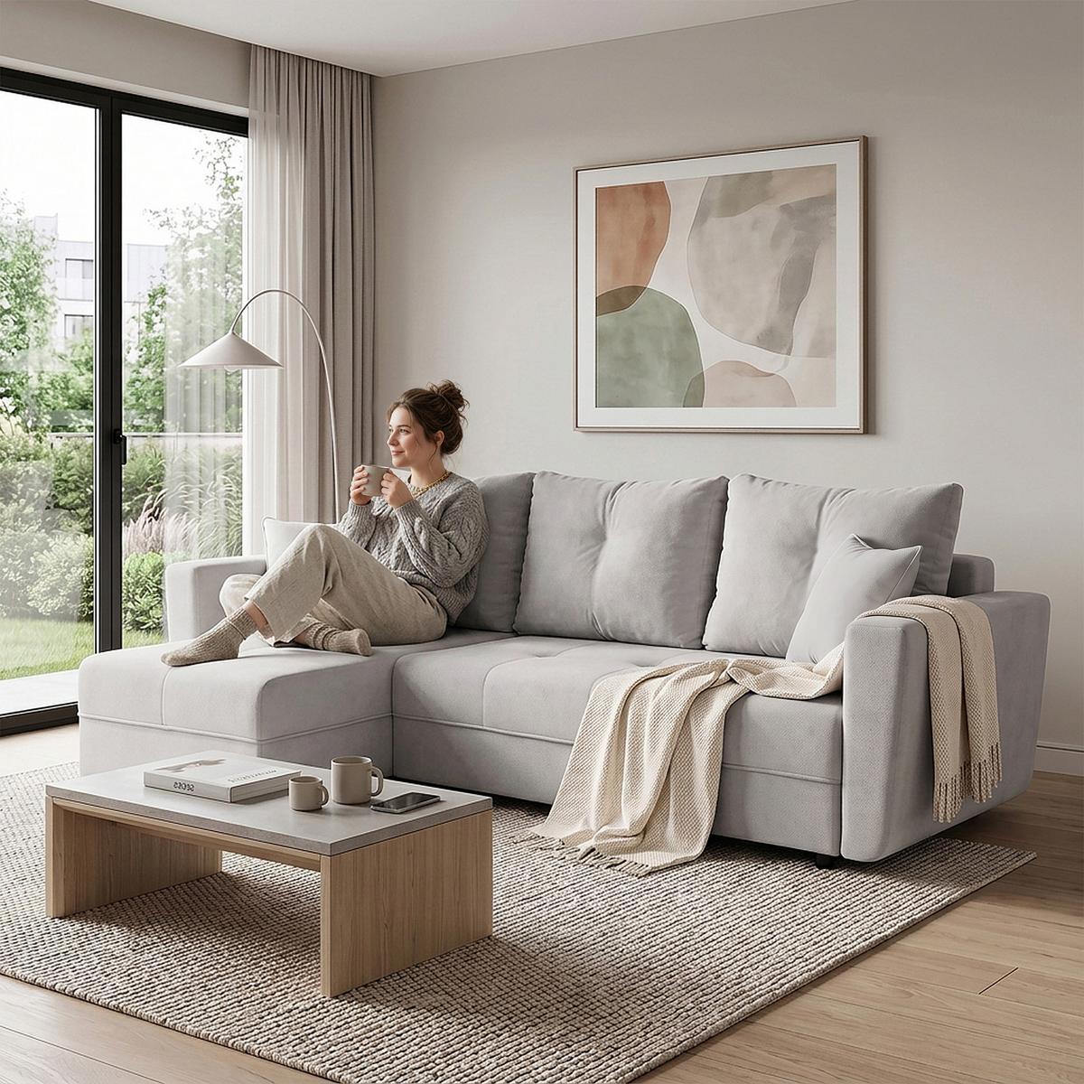 ECKSCHLAFSOFA Verona mit Bettkasten und universeller Ottomane 240 cm, Beige - Beige, Textil (240/148cm) - Beautysofa