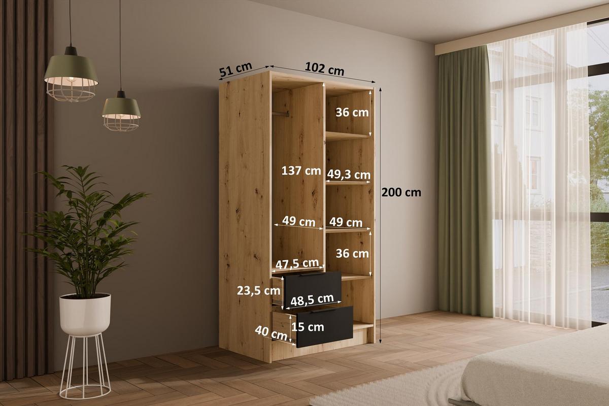 KLEIDERSCHRANK NELIA - 120 cm - Schwarz/Eiche Artisan, Holzwerkstoff (102/200/51cm) - ALTDECOR