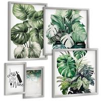BILDER SET 5er Set - 50x50 cm & 20x30 cm & 40x60 cm Silberner Rahmen - Grüne Weinblätter - Silberfarben, Kunststoff (40/60cm) - TULUP