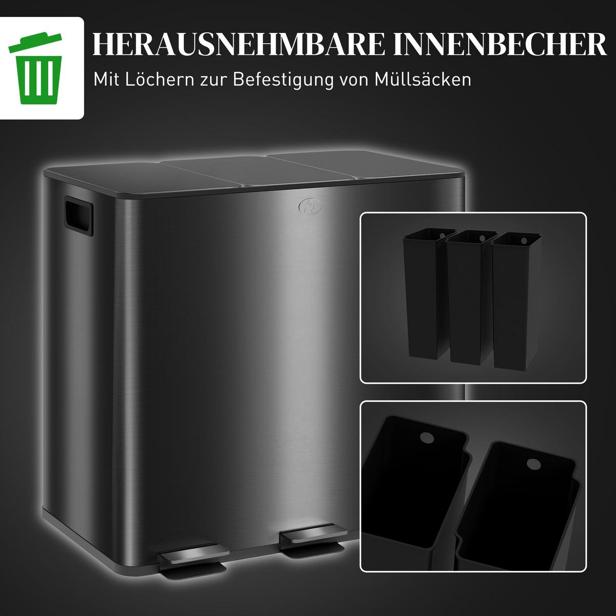 MÜLLEIMER 3x15L Abfalleimer aus Edelstahl mit Softclose Deckel Deodorant-Fächern - Anthrazit, Metall (36.6/43.2/61.9cm) - HOMCOM