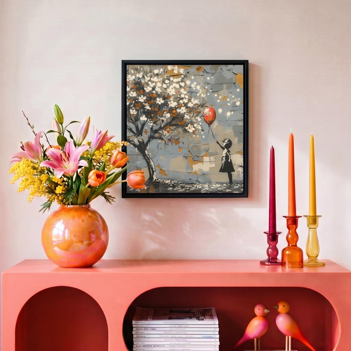 LEINWAND Bilder mit Rahmen - Baum - Graffiti - Banksy-Stil - Ballon-Mädchen - 20x20 - Blaugrau, Textil (20/20cm) - MuchoWow