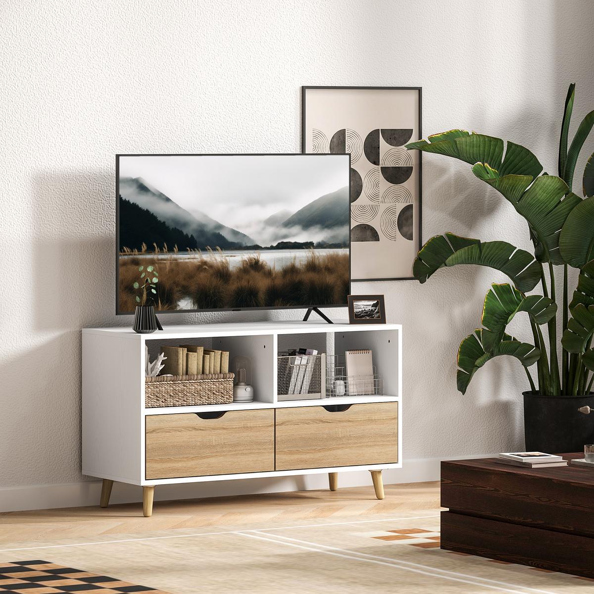 TV-SCHRANK Lowboard mit 2 Ablage, Schublade, Weiß - Weiß, Holzwerkstoff (39/58.3/99cm) - HOMCOM