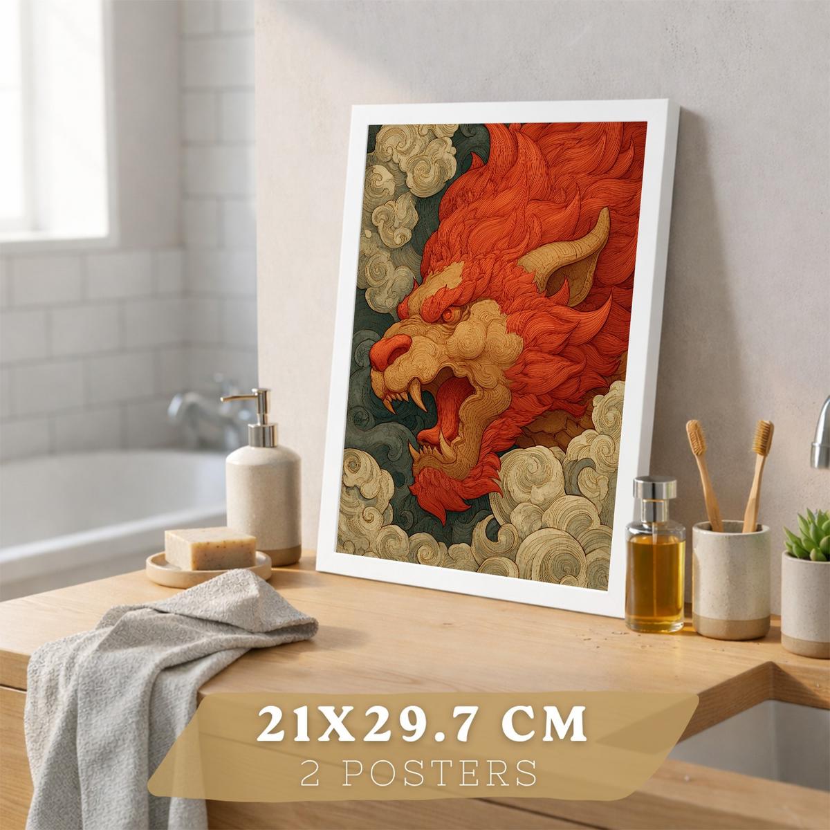 POSTER 2er-Set dekorative Badezimmer-Kunstdrucke, im japanischen Stil für Wand, Toilette mit orientalischem Drachen und Frau Weißer Rahmen A4 - Weiß, Papier (29.7/21/3cm) - Nacnic
