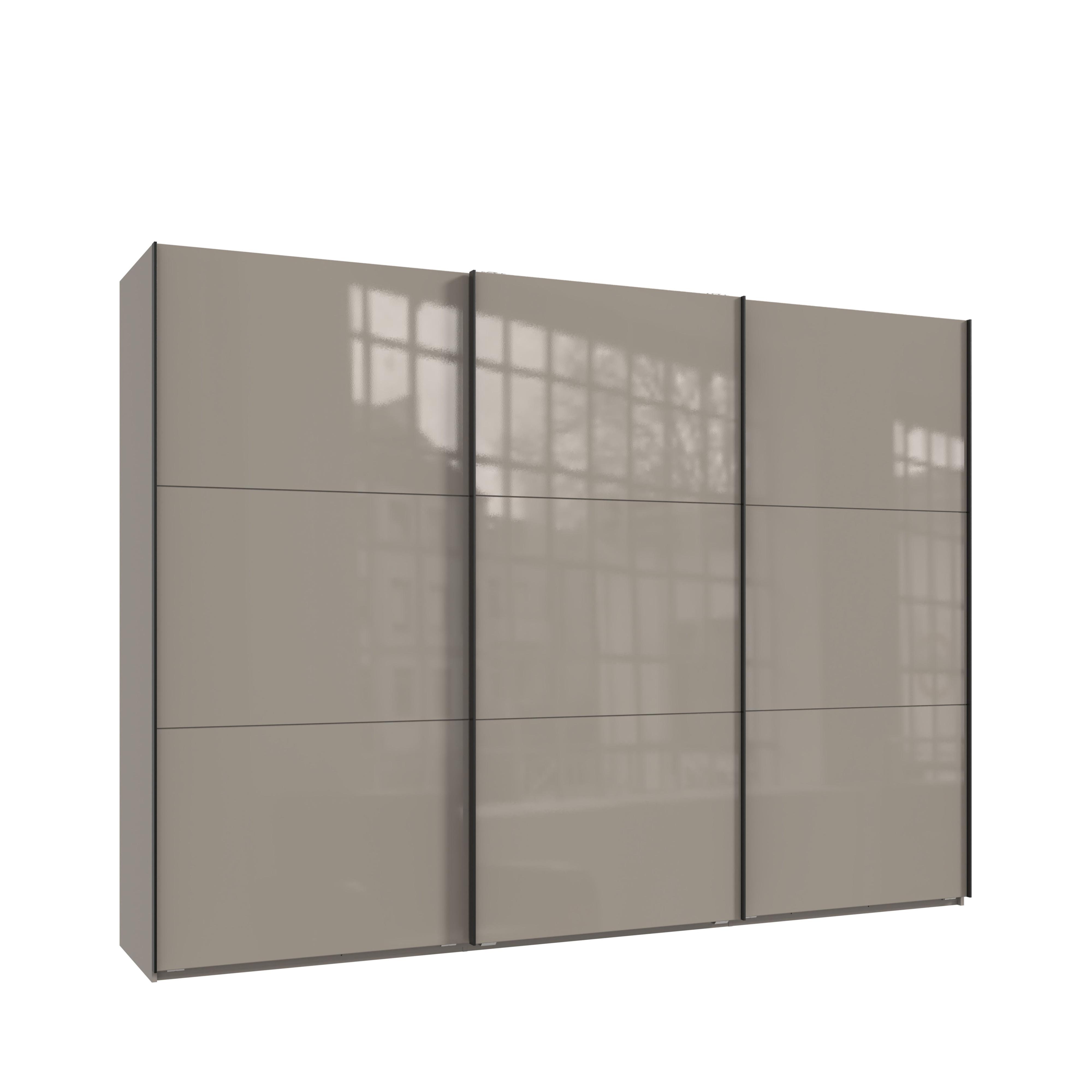 SCHWEBETÜRENSCHRANK 3-türig B300/H216/T65 cm in Sandgrau mit Glasfront, Kleiderschrank inkl. Vollausstattung / 22037 - Sandfarben/Eichefarben, Holzwerkstoff/Metall (300/216/65cm) - luma-home
