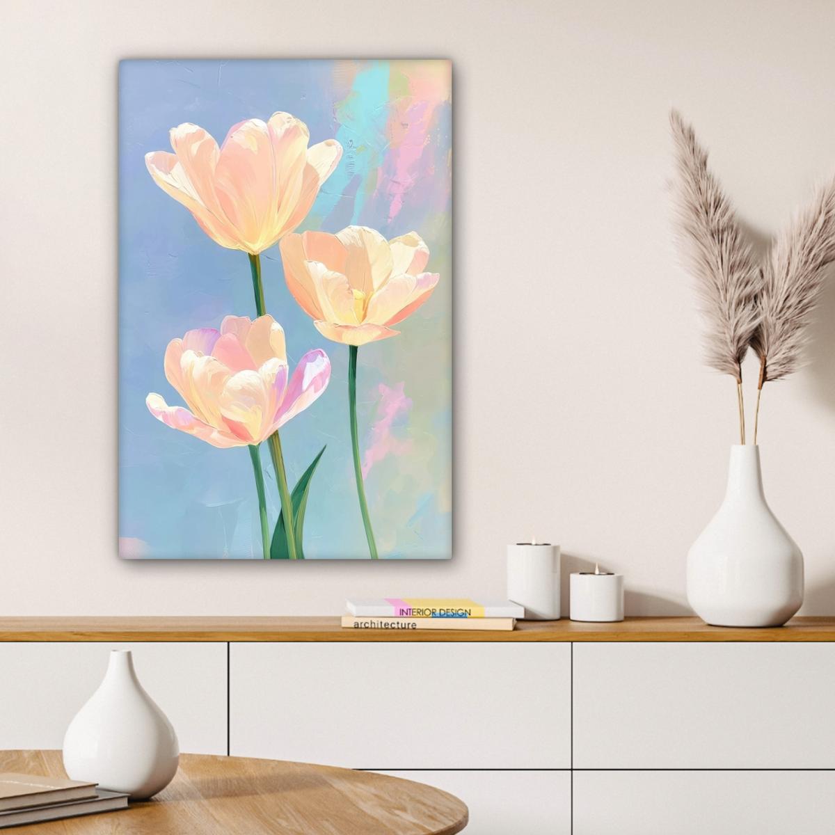 LEINWANDBILD Tulpen - Rosa Akzente - Blau Wanddeko 40x60 cm - Pastellblau, Textil (40/60cm) - MuchoWow