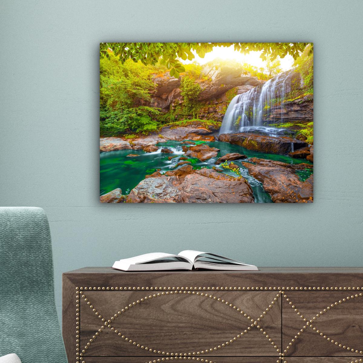LEINWANDBILD Natur - Wasserfall - Pflanzen - Bäume - Sonne Wandbild 40x30 cm - Olivgrün, Textil (40/30cm) - MuchoWow