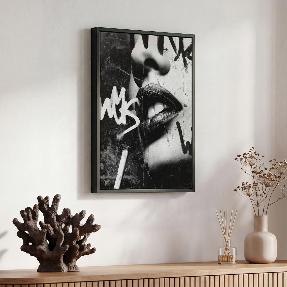 LEINWAND Bilder mit Rahmen - Gesicht - Mund - Graffiti - Schwarz - 30x40 - Schwarz, Textil (30/40cm) - MuchoWow