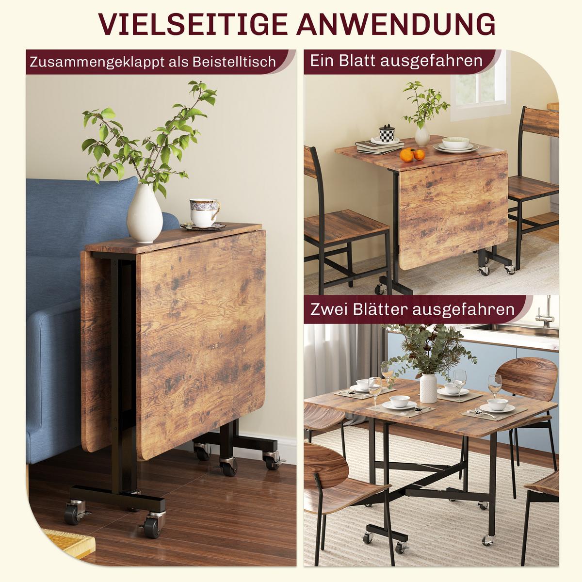 ESSTISCH Klappbar Küchentisch mit Rollen Bremsen für 4-6 Personen Rustikal-Braun - Schwarz/Braun, Holzwerkstoff/Metall (120/80/73cm) - HOMCOM