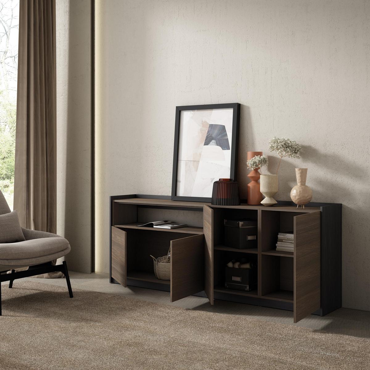 SIDEBOARD, Highboard, Dunkler Eiche und Schwarz, 207/37/80cm - Hellbraun, Holzwerkstoff (207/80/37cm) - Skraut Home