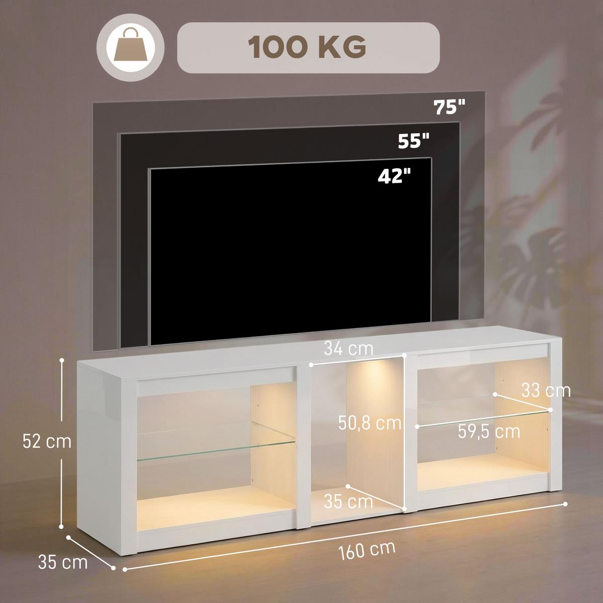 TV-LOWBOARD Spanplatte Glas Weiß - Weiß Hochglanz, Glas/Holzwerkstoff (35/52/160cm) - HOMCOM