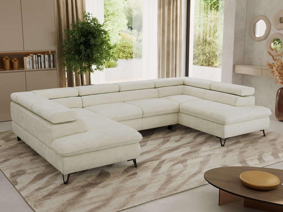 WOHNLANDSCHAFT PABLO U Schenille glatt Creme - Creme/Schwarz, Textil/Metall (346/76/208cm) - MKS