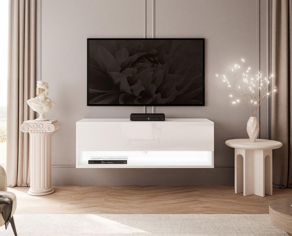 HÄNGESCHRANK TV-Möbel CALANTE 90 cm mit LED-Beleuchtung - Weiß Hochglanz, Holzwerkstoff (90/30/35cm) - Lookway