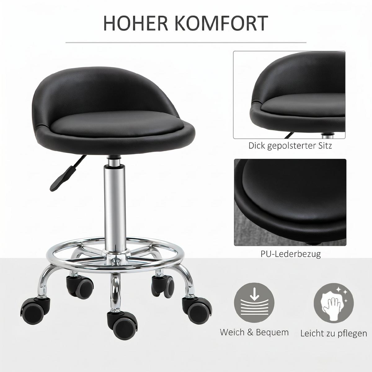 ROLLHOCKER 2er Set Kunstleder Schwarz - Schwarz, Textil (38/72/38cm) - HOMCOM